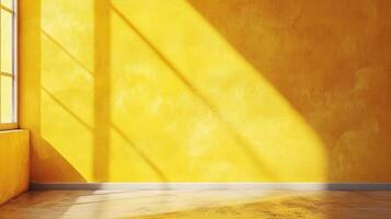 A vibrant yellow room filled with natural light pouring in from the window, casting shadows on the wall and creating a warm, inviting atmosphere. photo