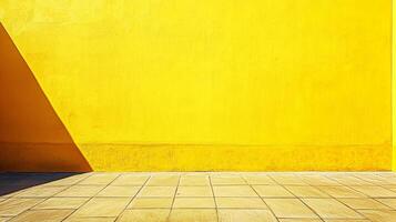 A bright yellow wall meets a tiled floor, bathed in sunlight, creating a striking contrast of color and texture. Shadow adds depth. photo
