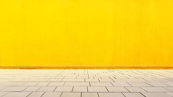 A vibrant yellow wall meets a geometrically patterned pavement in this minimalist composition, creating a striking contrast and clean backdrop. photo