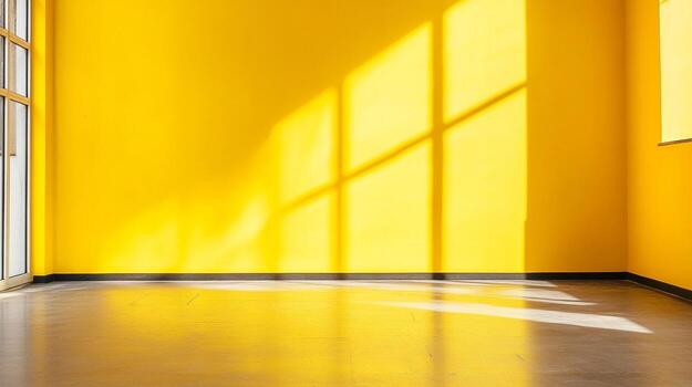 Sunlight streams through a window, casting geometric shadows on a yellow wall in an otherwise empty room, creating a warm and inviting space. photo