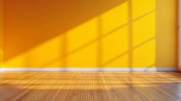 Bright room with yellow walls and sunlight streaming through a window, creating shadows. A polished wooden floor complements the warm tones. photo