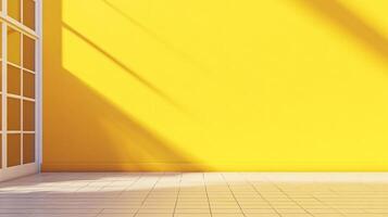 Sunlit yellow wall and tiled floor create a bright, modern space. Minimalist design with geometric shadow patterns. photo