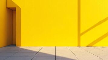 Bright yellow wall and tiled floor create a visually striking architectural scene with strong contrast and shadows. Minimalist design. photo