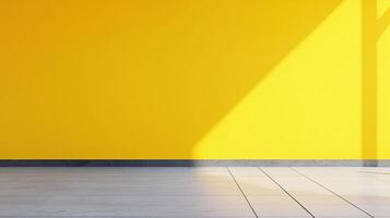 A vibrant yellow wall meets a sleek tiled floor, bathed in a cascade of sunlight, creating a minimalist modern space with bold color contrast. photo