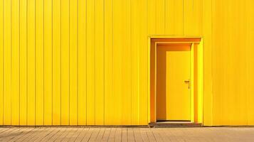 Vibrant yellow building facade with a centrally positioned door on a sunny day, creating a striking and minimalist composition. photo