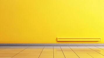 A brightly lit room with a yellow wall, a baseboard, and a tiled floor, creating a vibrant and simple architectural space. photo