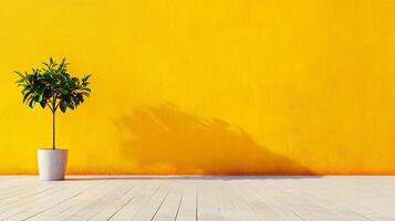 A vibrant yellow wall serves as a backdrop to a small potted tree, creating a minimalist yet striking interior scene. photo