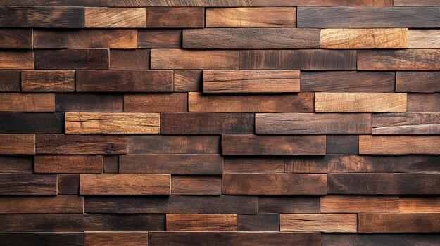 Intricate wall cladding featuring dark and light wood panels, creating a textured and warm surface. Ideal for adding a rustic touch. photo