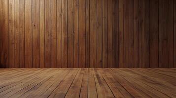 An aged wooden room setting featuring a vertical plank wall and horizontal plank floor with warm tones and interesting textural details. photo