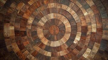 Circular mosaic artwork made of wood blocks forming a concentric pattern. Varied wood tones create a striking, textured design. photo