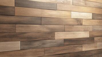 Close-up of a textured wood panel wall, featuring light and dark brown planks arranged in a horizontal pattern, creating a warm backdrop. photo