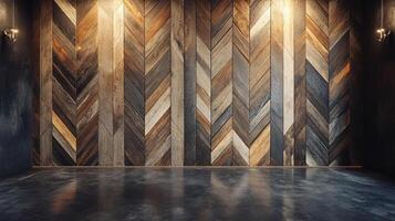 Rustic wood paneling in a herringbone pattern creates a warm and textured background. The polished concrete floor reflects the light. photo