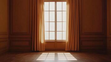 Sunlit window in an elegant room, casting shadows. A warm, inviting space with classic design and serene atmosphere. photo
