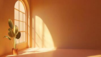 Sunlit room with plant, window. Warm, inviting setting. Natural light casts patterns on the peach walls and floor, minimalist, bright space. photo