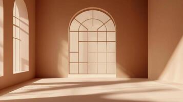 Minimalist architecture bathed in sunlight, featuring arched windows casting shadows on monochrome walls. Serene indoor space with neutral tones. photo