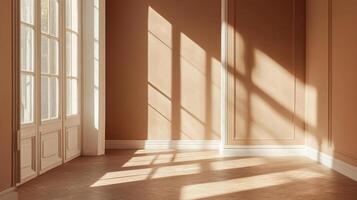 Sunlight streams through a window, casting long shadows on the warm, neutral-toned walls and wooden floor of an empty room. photo