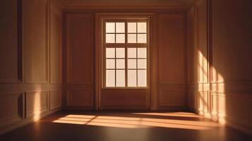 Sunlight streams through a window in a classic paneled room, creating warm highlights on the wooden floor. Interior architecture emphasized. photo