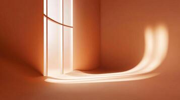 Minimalist interior showcasing light streaming through windows, casting soft shadows on an peach-colored wall. Simplicity and elegance defined. photo
