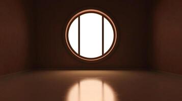 Minimalist room featuring a round window with bright light shining through, creating a serene and simple architectural space. photo