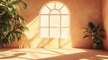 Sunlit interior with a large arched window casting plant shadows onto the terracotta walls and floor, complemented by potted greenery. photo