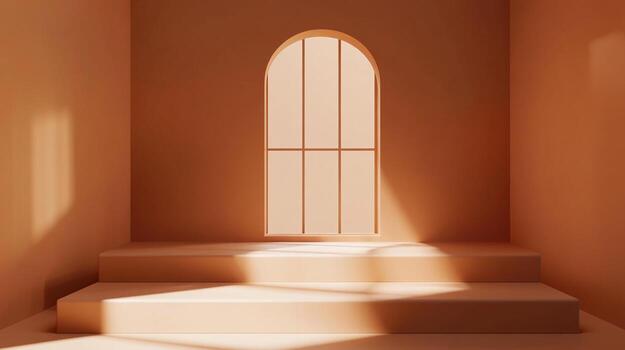Minimalist interior featuring a window casting light on a staircase, all in a warm, monochromatic color scheme. Serene and inviting space. photo