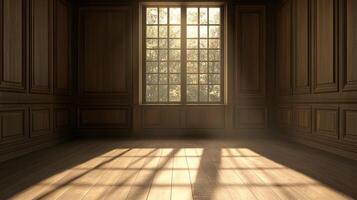 Sunlight streams into a wood-paneled room with a large window, creating shadows on the polished wood floor. Natural light illuminates. photo