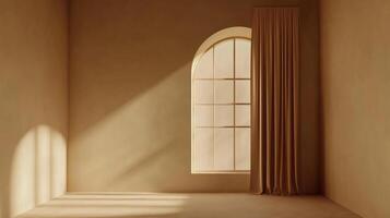 Warm sunlight streams through a grand arched window, casting shadows in this neutral, inviting room with a single curtain accent. photo