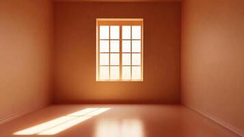 Sunlight streams through a paneled window in an empty room, casting geometric shadows across the glossy floor. Warm minimalist aesthetic. photo