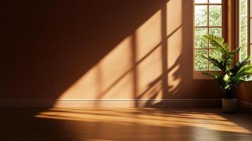 Sunlight streams through a window into a room, casting shadows on the wall, with a plant as a natural decoration in the corner. photo