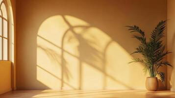 Sun-drenched wall with plant casting shadows, minimalist scene with warm tones. Natural light creates a serene, inviting atmosphere. photo