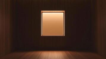 A warm, empty room with wood paneling and a framed light source at the back, creating a sense of minimalist simplicity and focus. photo