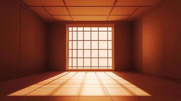 Minimalist room bathed in warm light streaming through gridded window, creating geometric shadows on the tile floor. Simple, serene space. photo