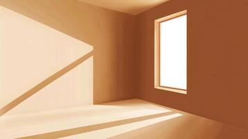 Minimalist interior featuring sunlight streaming through a window, creating shadows on a peach-colored wall, emphasizing light and shadow. photo