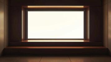 Illuminated window in a dim room, radiating a soft glow. Creates a focal point with its geometric frame against a shadowy setting. photo