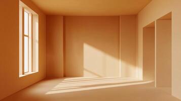 Minimalist interior scene featuring sunlight streaming through a window, casting shadows on a peach-colored room with a calm and serene ambiance. photo