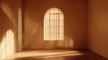 Sunlight streams into a monochromatic room, creating shadows across the floor, walls, and window. Minimalist space with warm tones. photo