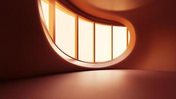 Abstract architectural space features a curved window with natural light, smooth surfaces, and modern design elements. Warm monochrome palette. photo