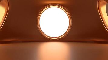 A glossy copper-toned interior space is seen, featuring a central circular bright window flanked by similar curves, offering a sleek, modern view. photo