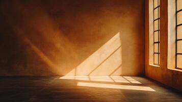 Sunlight streams into an old room, casting patterns on the textured walls and floors, creating a warm and inviting atmosphere. photo