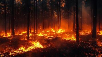 Raging wildfire consuming forest floor, flames engulfing trees. Wildfires pose a threat to the forest ecosystem and local communities. photo