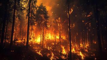 A fierce wildfire engulfs a dense forest, flames consuming the trees and undergrowth in a scene of destruction and intense heat. photo