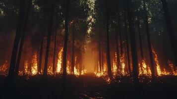 Forest ablaze, intense flames engulfing trees, leaving behind a trail of destruction and casting an orange glow across the woodland. photo