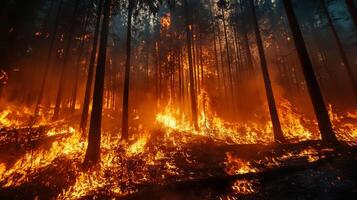 A forest engulfed in flames creates a stark and dramatic scene, showcasing the destructive power and intensity of a large wildfire. photo