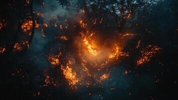 A fiery scene unfolds in a dense forest, with flames engulfing the trees and casting an eerie glow amidst the smoky haze. photo