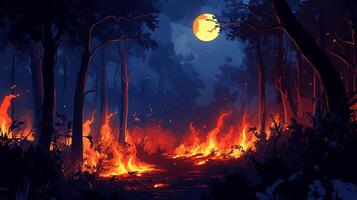 Forest fire rages under the night sky, silhouetting trees against a bright moon. A stark reminder of nature's power and fragility. photo