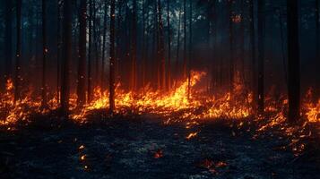 Forest ablaze, trees silhouetted against fiery chaos, nature's fury unleashed. Destruction reigns, leaving behind scorched earth. photo
