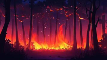 An anime-style depiction of a forest engulfed in flames, featuring tall trees silhouetted against a vibrant, fiery backdrop. photo