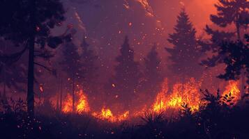 Forest ablaze with vibrant flames, painting a fiery spectacle against the twilight. Ash litters the sky as nature burns. photo