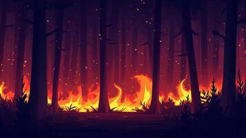Forest ablaze, a fiery inferno consuming the woods. Dark silhouettes of trees frame the vivid flames, creating an ominous yet dramatic scene. photo