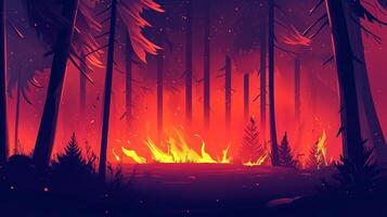 Forest ablaze with fiery intensity, tall trees silhouetted against vivid orange and red flames, creating a scene of nature's power photo